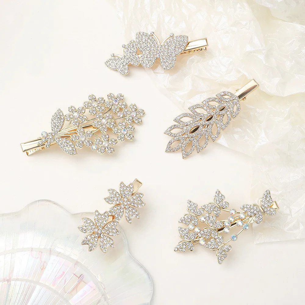 Women Shiny Crystal Hair Clips Fashion Metal Barrettes Hollow Out Flower Leaf Star Hairpins Simple Bobby Pin Duck Clips Headwear