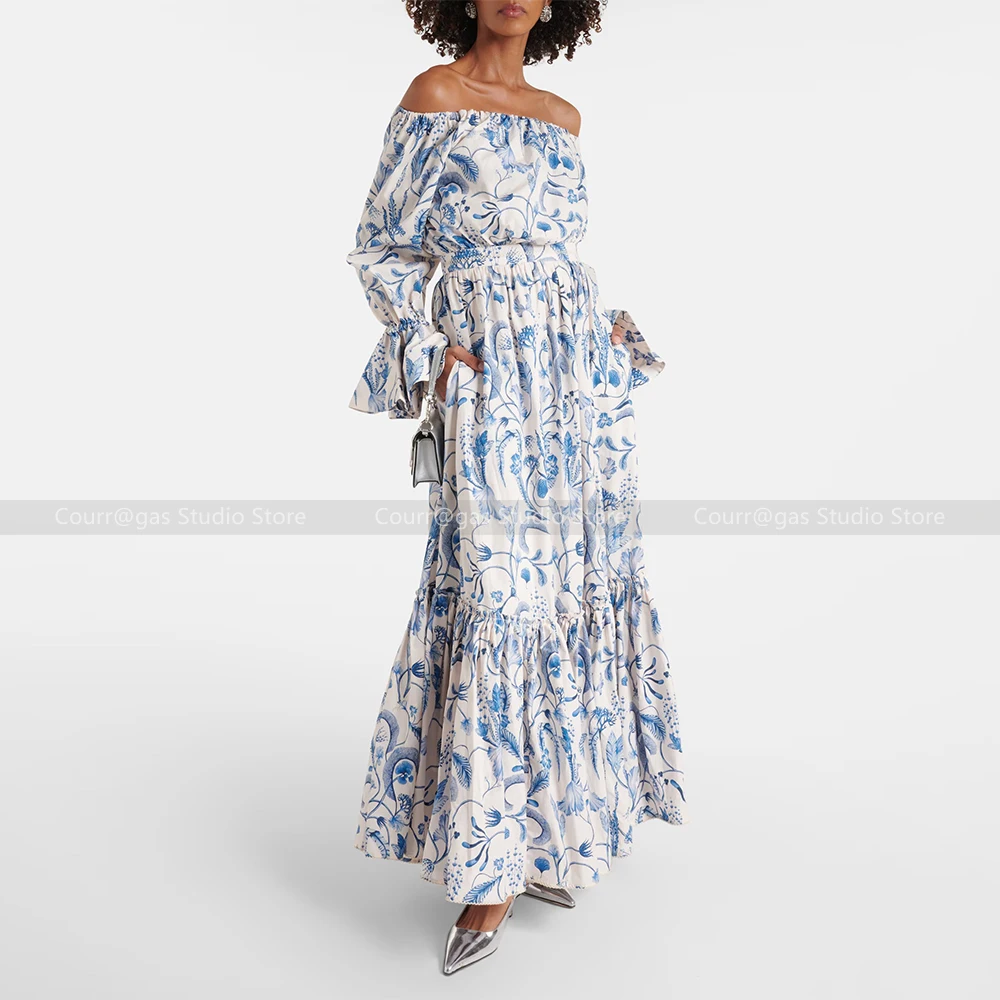 

French Vintage Blue One Shoulder Printed Pleated Waisted Resort Style Seaside Long Dresses