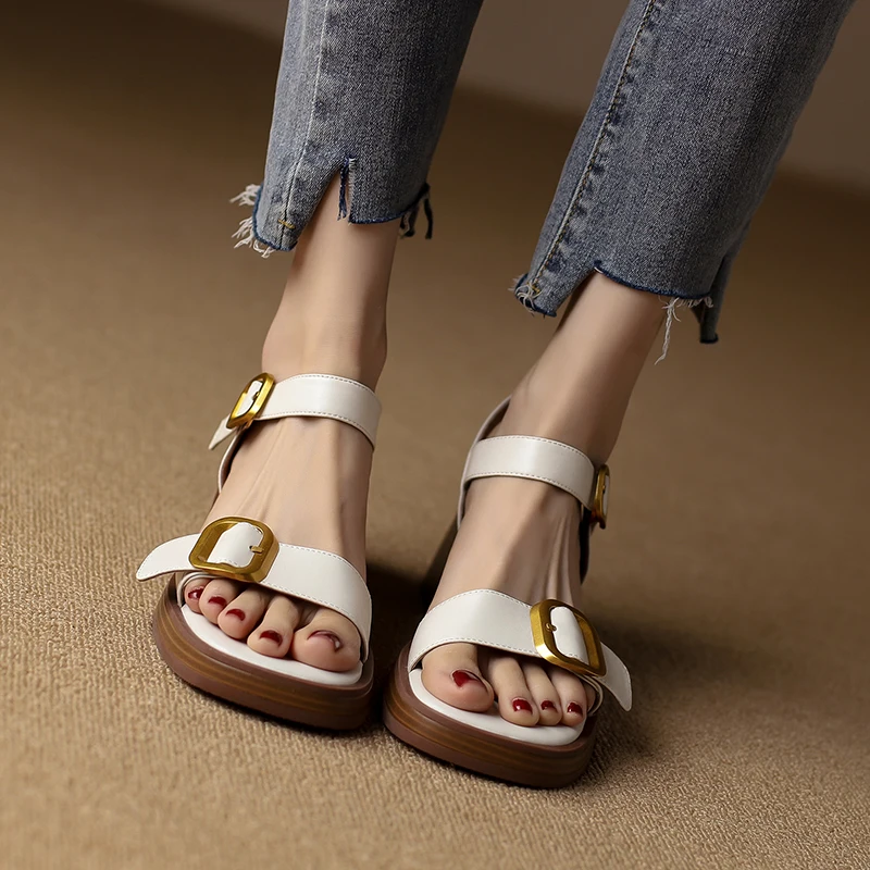 Brand Genuine Cow Leather Sandals Block Mid Heels Women Roma Sandals Square Toe Retro Buckle Sandals Ankle Strap 2023 Trend