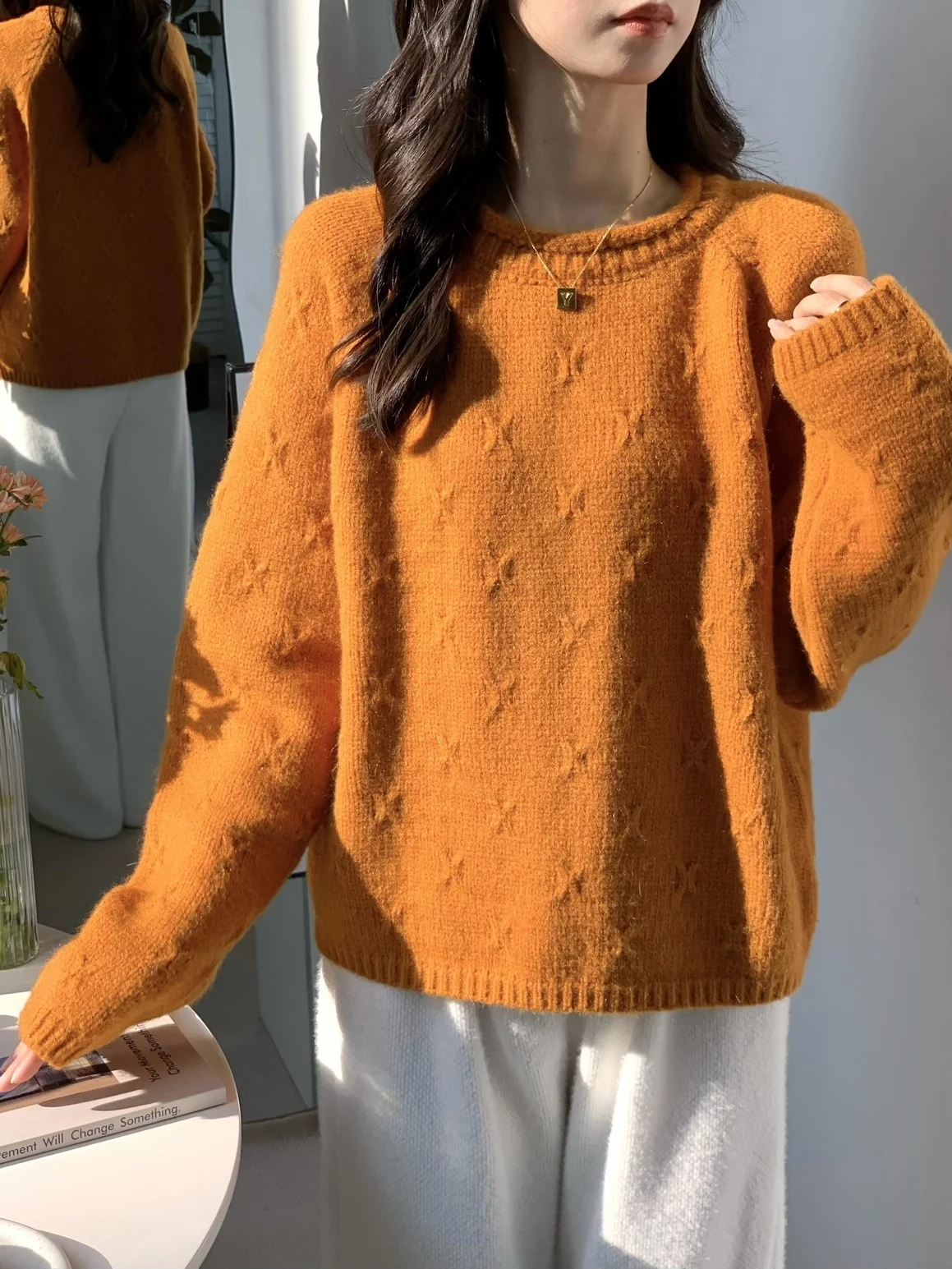 

Свободный вязаный свитер с круглым вырезом для женщин, осенне-зимний, в стиле Lazy Sle, с 3D-вязкой, оранжевый, ретро, утолщенный, мягкий и удобный