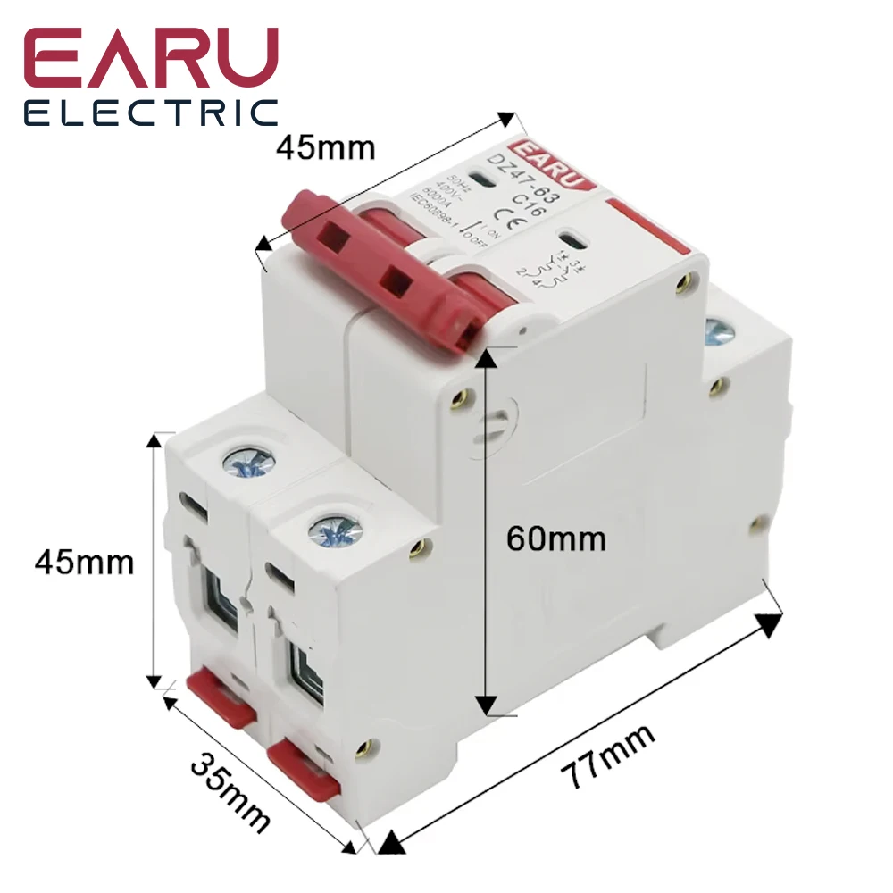 C45N 2 Pole 3A/6A/10A/16A/20A/32A/40A/50A/63A 400V~ C Type Mini Circuit Breaker Mcb Mounting 35mm Din Rail Breaking Capacity 6KA