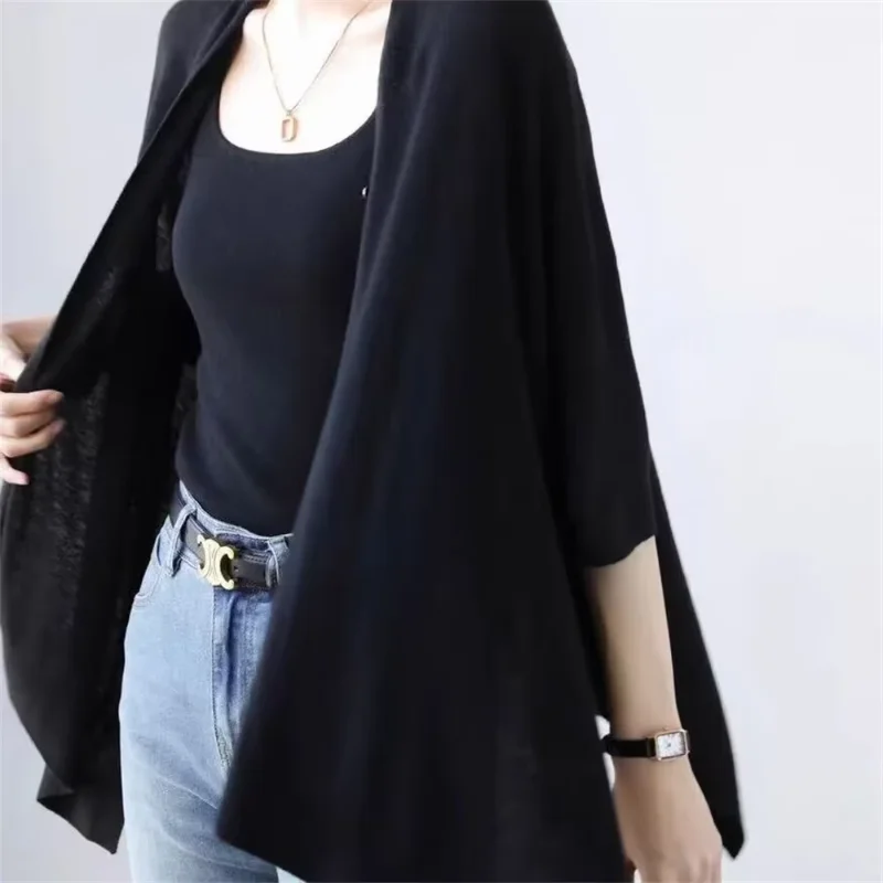 

Thin Ice Silk Knitted Shawl Cardigan Women's Style Cover Up Top Long Sleeve Regular Length Open Front Summer Fashion Clothing