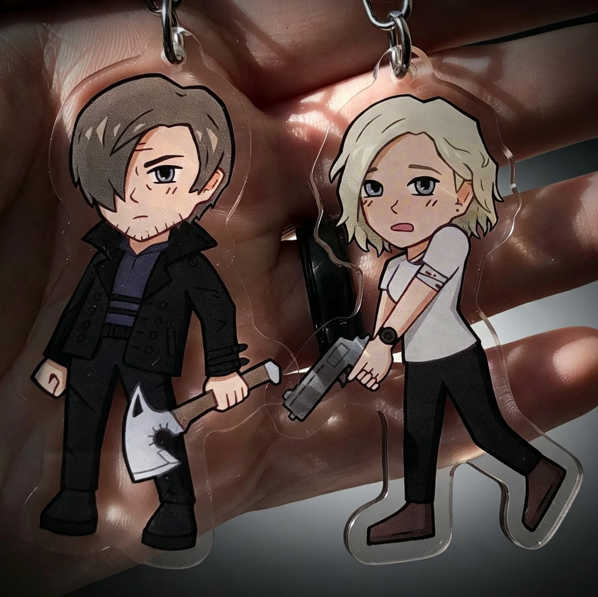 Chibi Video Game Acrylic Keychains, Leon Grace Bag Charm Pendant, Fan‑made Horror Game Key Ring Collectible Gift for Fans