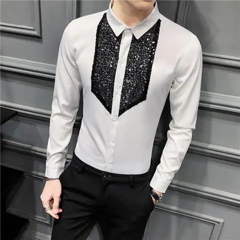 Personalized Sequin Diamond-set Long-sleeved Shirt Men Buttons Versatile Black Cardigan