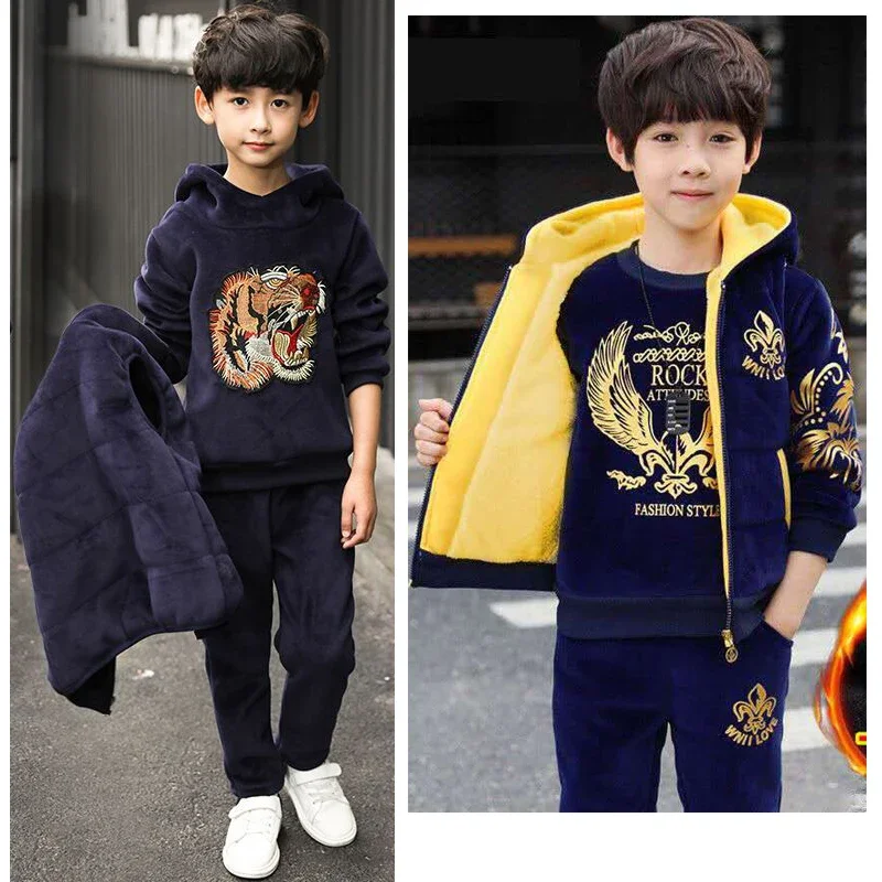 3-12Y 3Pcs Suits Winter Keep Warm Boys Clothing Set Cartoon Tiger Pattern Lining Plush Heavy Shirt+Vest+Pants Child Outfit