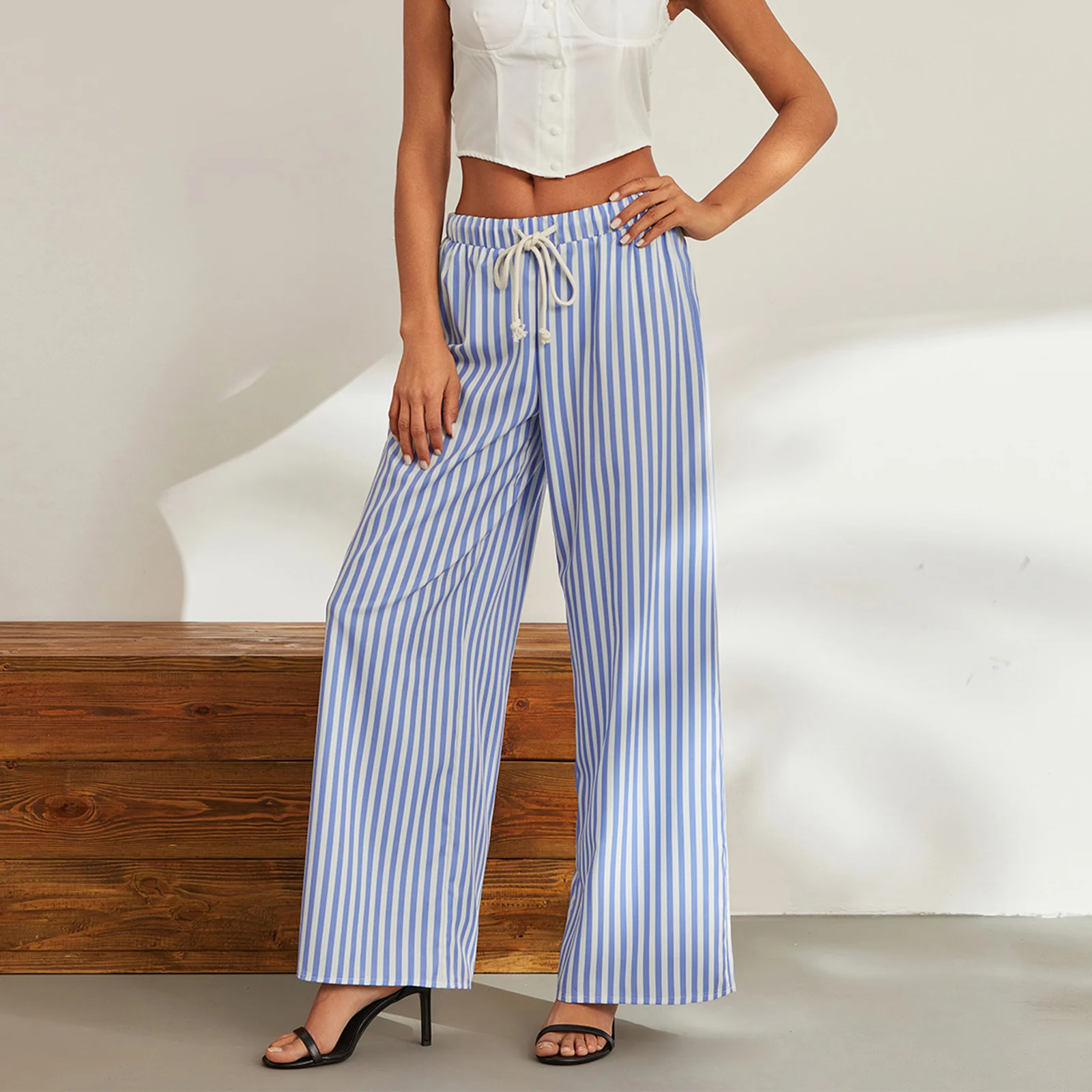 Women's Striped Long Pants Casual Loose Fitting Elastic Waist Wide Leg Drawstring Pants for Summer Spring Fall