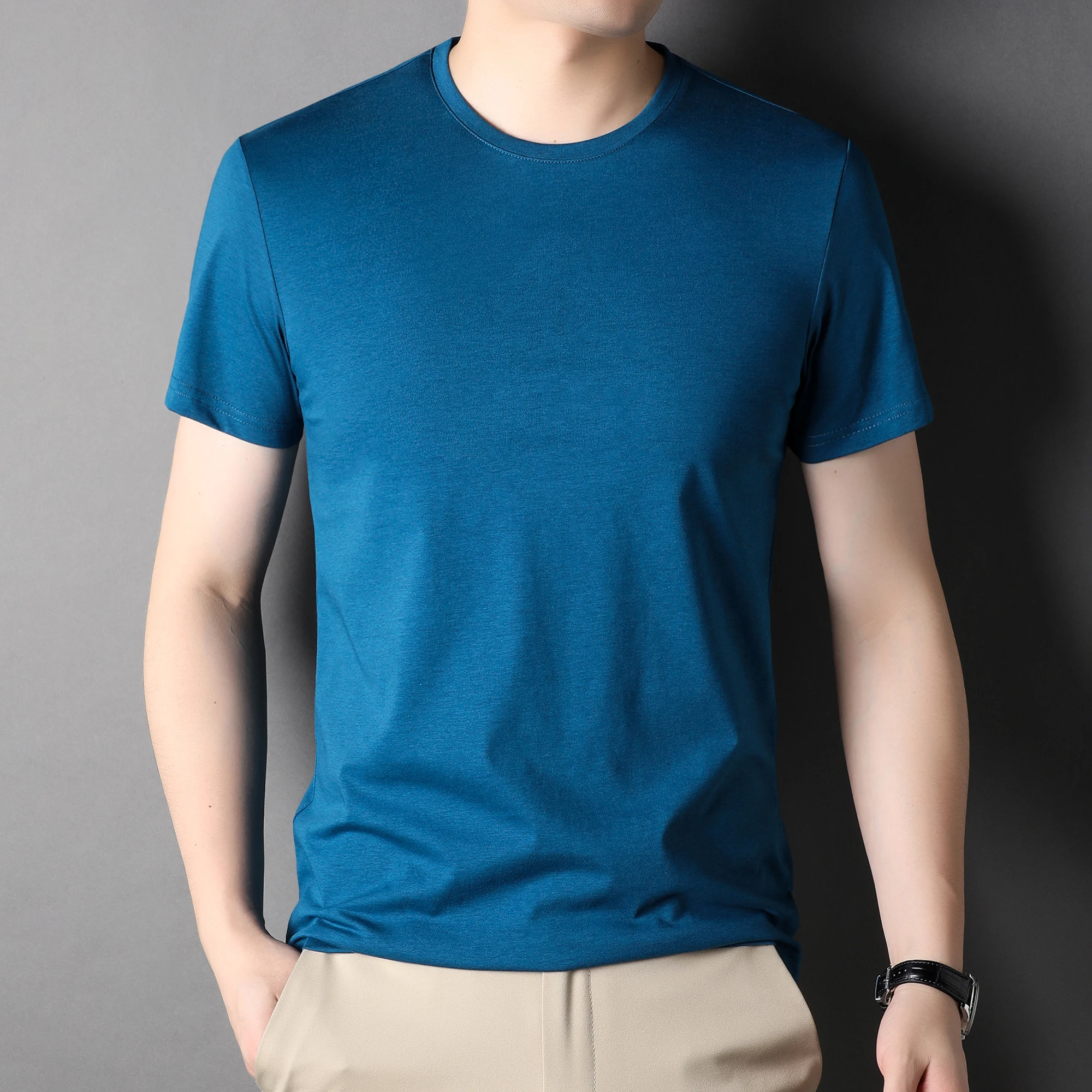 Men\'s Mulberry Silk Tees Summer 2023 Casual Plain V-Neck Smooth Tops Shor Sleeve Male Silk Cotton Tee Shirts