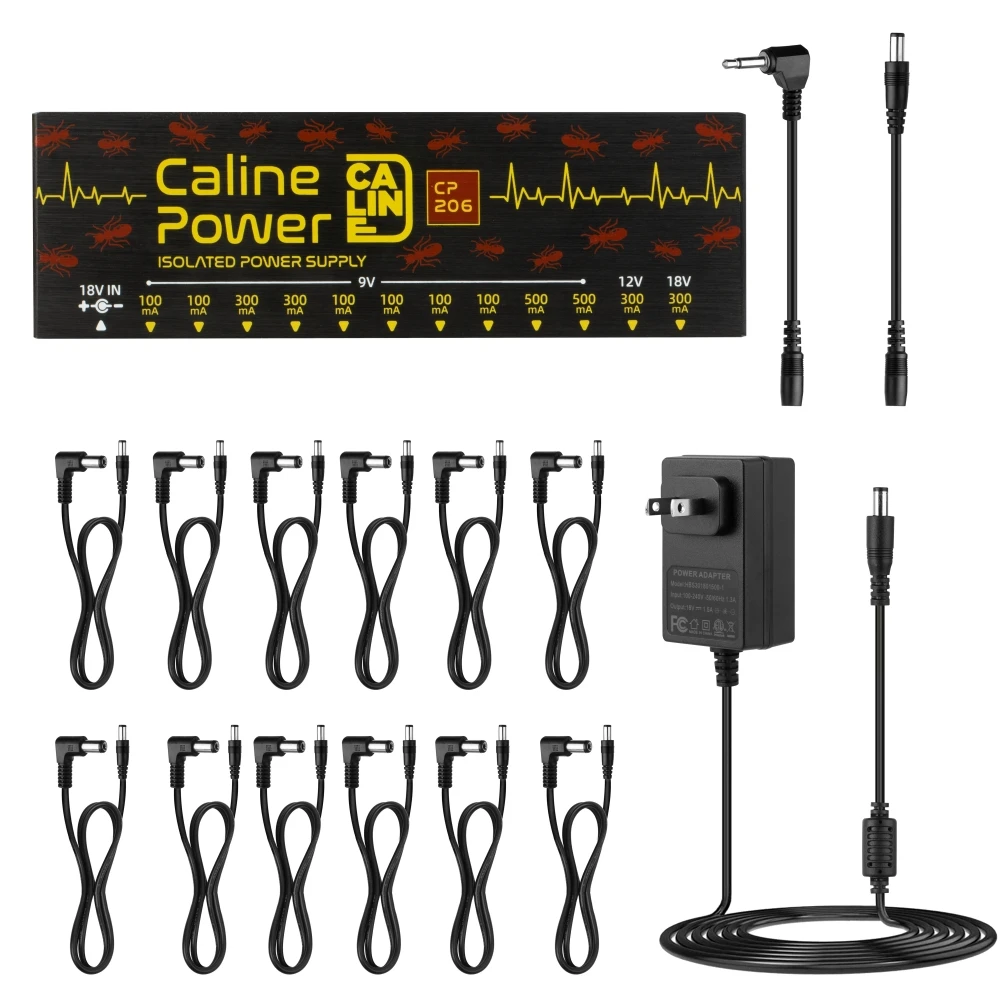 Caline CP-206 Truly Isolated Pedal Power Supply 12 Outputs For Guitar Effects with Adapter and Cables