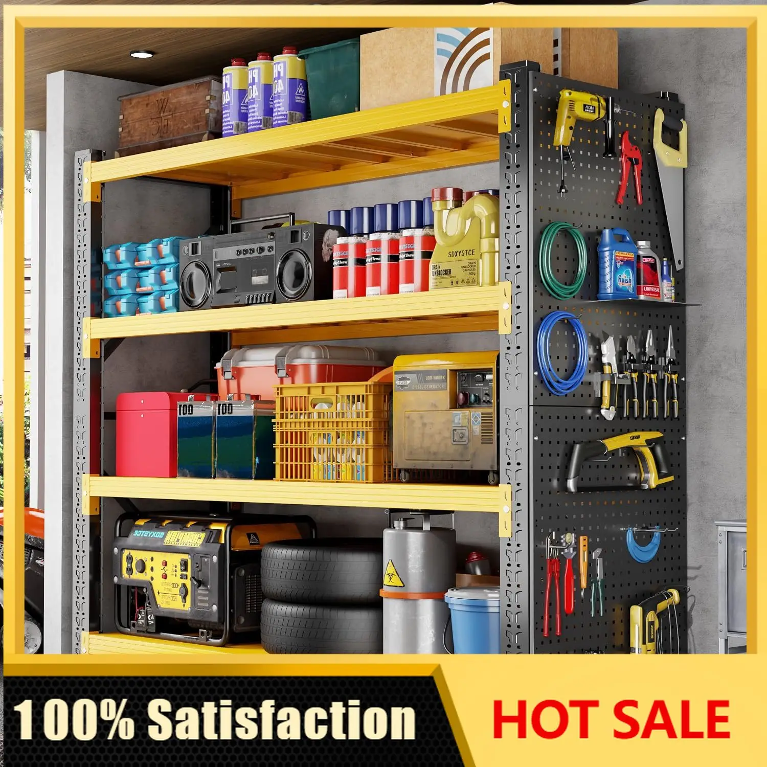 Garage Storage Rack, Heavy Duty Shelving with 2 Pegboards, Black-Yellow | Adjustable metal shelving unit, multi-purpose organize