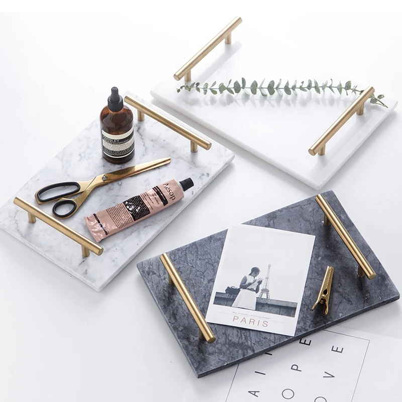 

Nordic Marble Cake Dessert Tray Storage Boardminimalist Home Golden Handle Sushi Snack Fruit Plate Cosmetics Jewelry Box