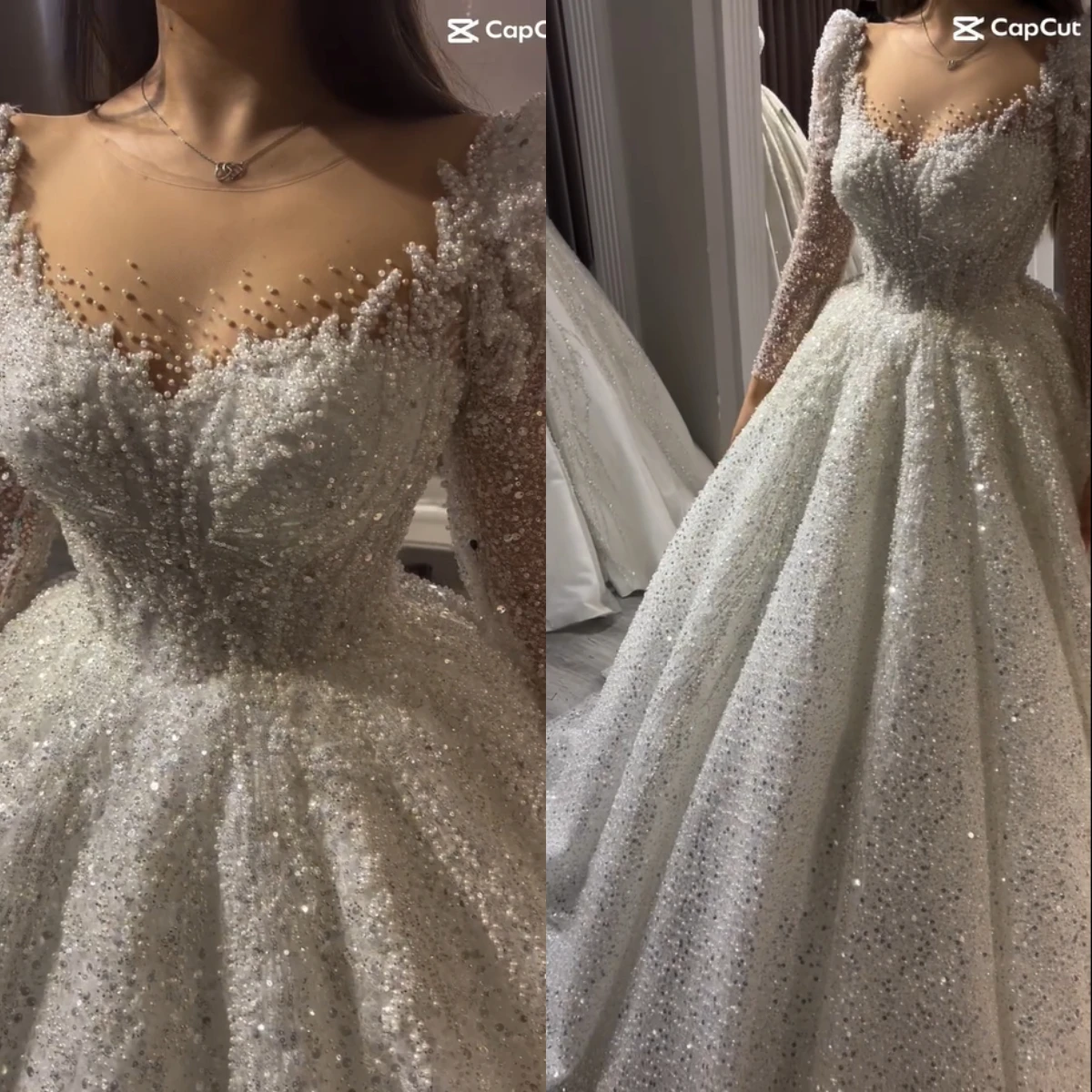 New Illusion Neck Long Sleeve Wedding Dress Rhinestone Beaded Sparkly Cathedral Luxury Bridal Dress Vestido De Novia Customized