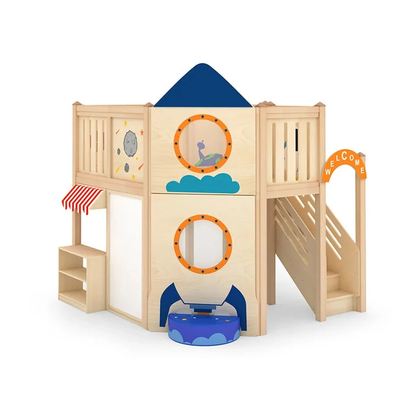 

high quality Playground Wooden Indoor Theater Blue Rocket Children's Playhouse Attic with Slide Kindergarten