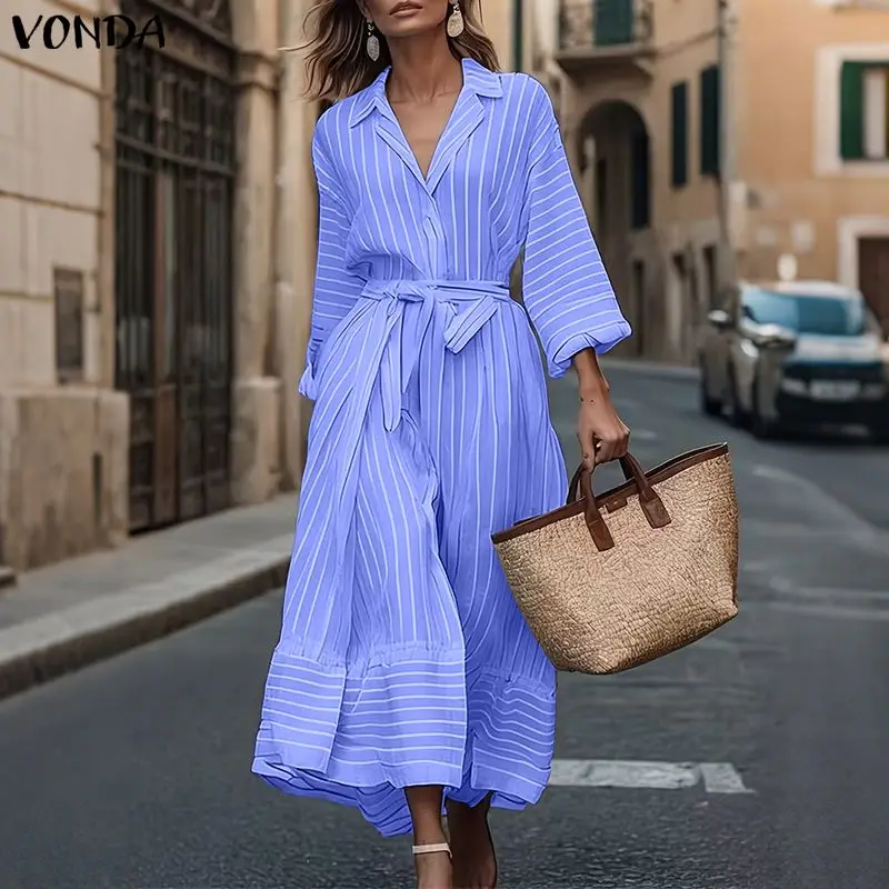 VONDA Elegante gestreifte Maxikleider für Damen, langärmelig, bedruckt, lässig, lange Robe, modisch, mit Revers, Gürtel, locker, Partykleid, Streetwear