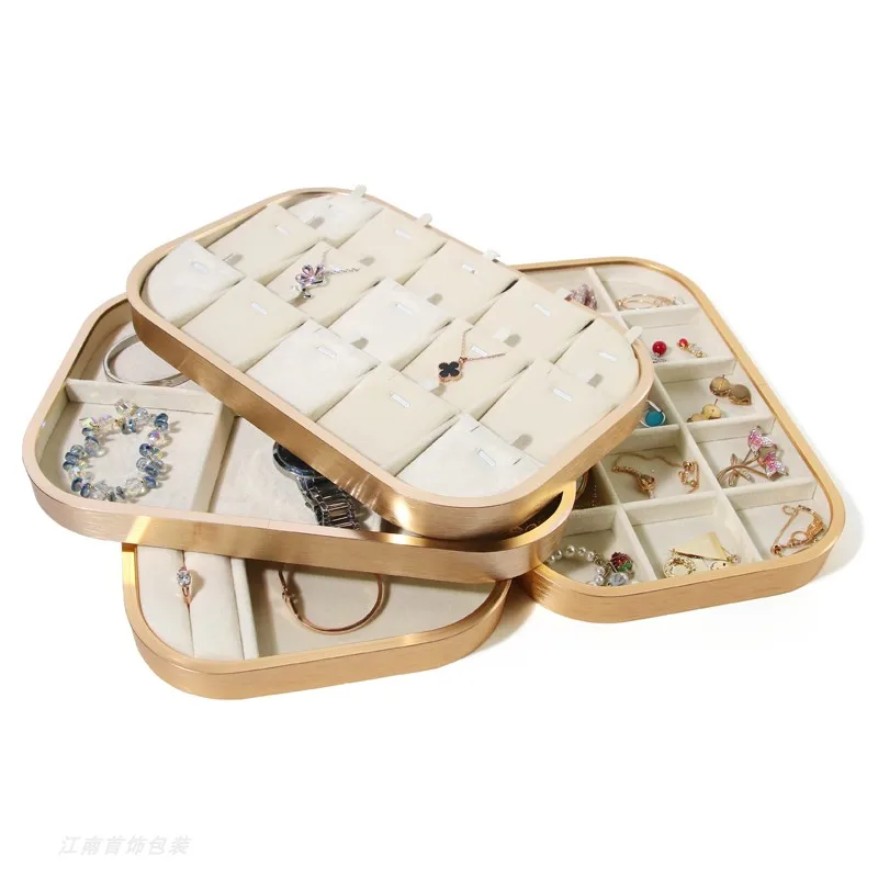 Pink Beige Gray Premium Metal Edge Inside Velvet Jewelry Tray Necklaces Rings Pendants Bracelets Storage and Display Tray