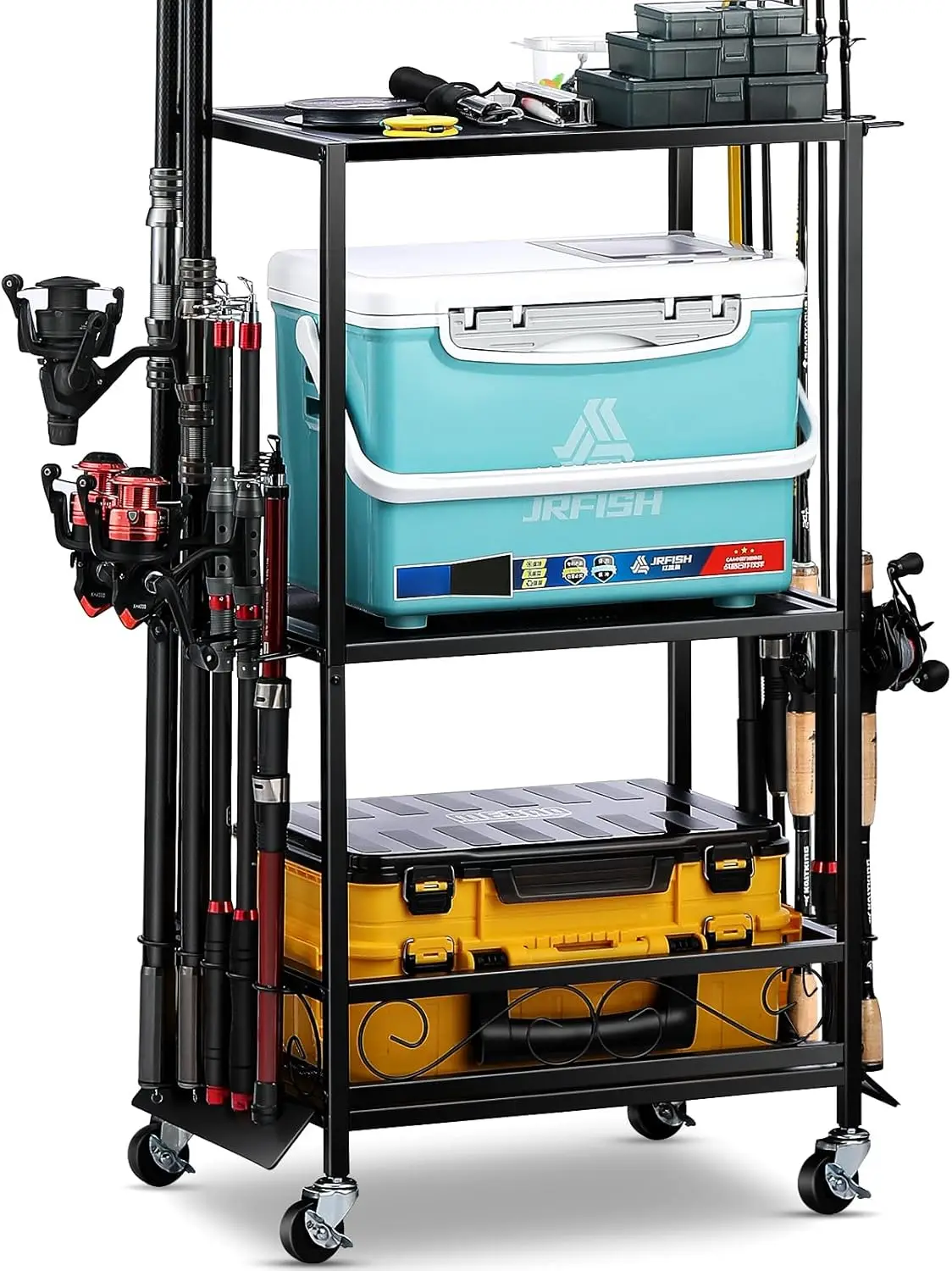 

Регулируемая подставка для 10 удочек, органайзер для снастей с отсеком для хранения, для гаража или использования в помещении