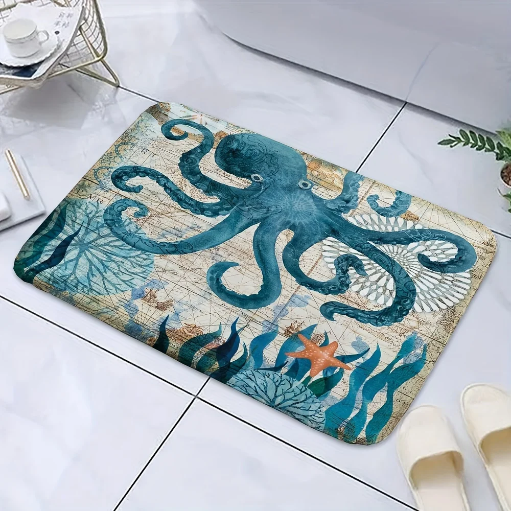 Sea Octopus Bathroom Carpet Colorful Ocean Creature Kitchen Rug Balcony Hallway Toilet Non-slip Floormat Bedroom Bedside Footmat