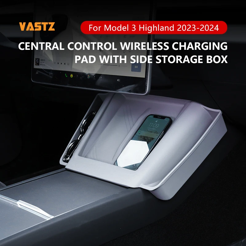 VASTZ Center Console Silicone Charging Pad For Tesla Model 3 Highland  Anti-slip with Side Pocket Storage Box Car Accessories