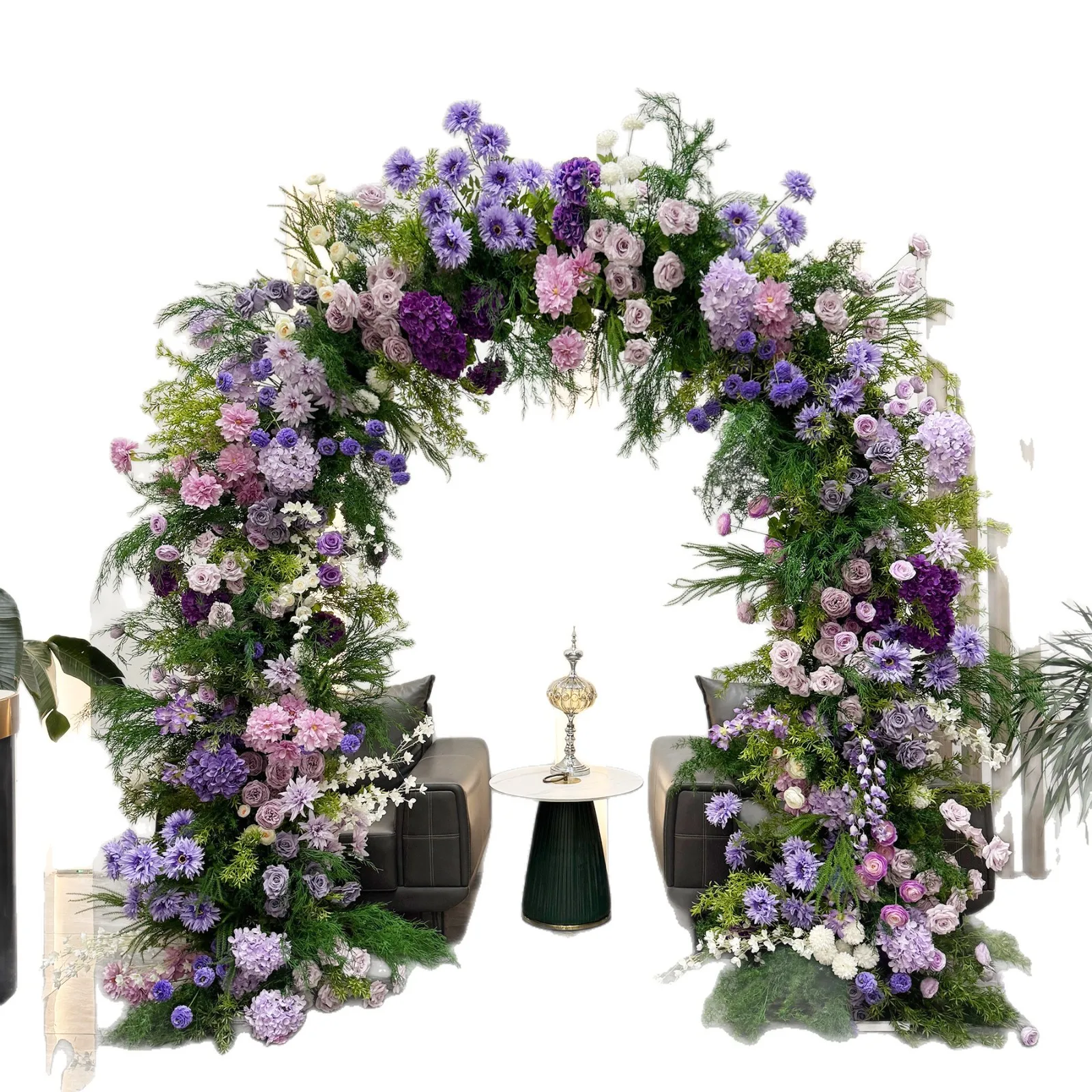 

Цветочная композиция в пасторальном стиле для сада, декор для свадьбы на открытом воздухе, цветочная гирлянда, искусственные цветы, фиолетовый цвет.