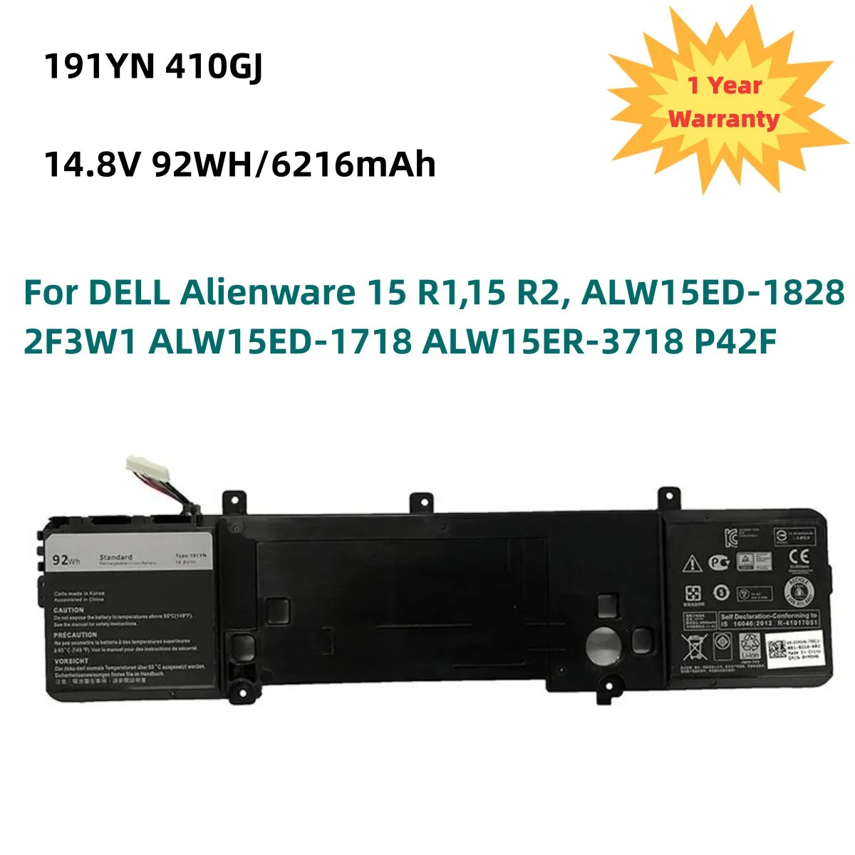 191YN 410GJ 8NH55 Laptop Battery For DELL Alienware 15 R1,15 R2, ALW15ED-1828 2F3W1 ALW15ED-1718 ALW15ER-3718 P42F 14.8V 92WH