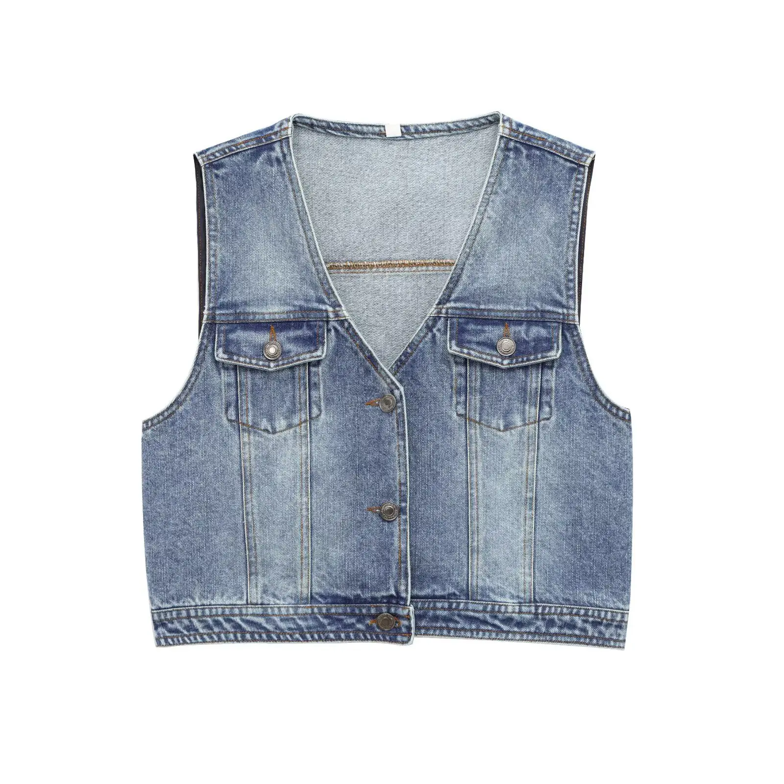 

Women's Short Denim Vest V-neck Sleeveless Single-breasted Loose Hem Top Spring and Summer New Casual Solid Color Chic Vest