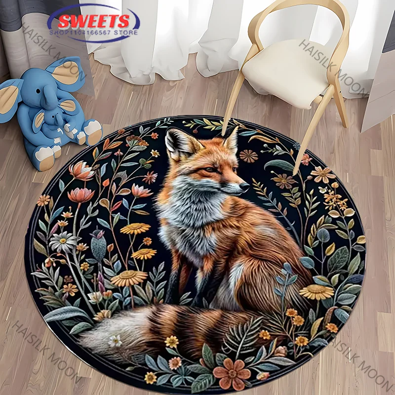 3D Vintage Floral Animals Rugs Butterfly Parrot Fox Printed Round Rug Living Room Bedroom Decor Indoor Floor Mat Rug for Friends