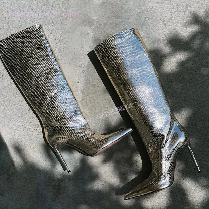 Silver Scale Pattern Shiny Leather Boot Stiletto Heel Straight Pointed Cool Girl Knee Booties Spring Loose Metallic Glitter Shoe