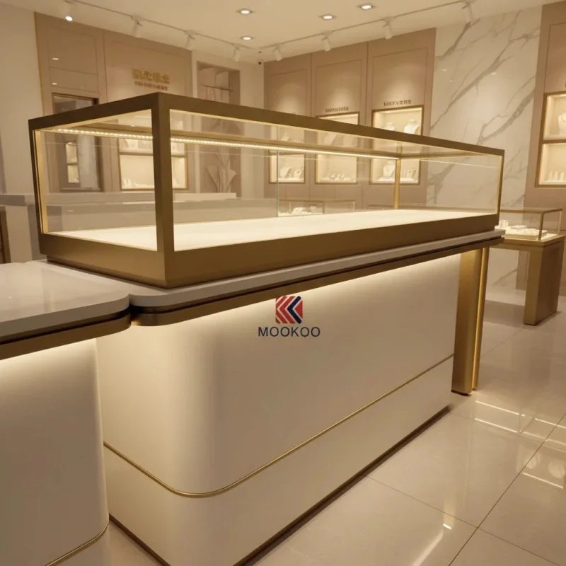 custom.Luxury Gold Trim Jewelry Display Countee with LED Lighting Retail