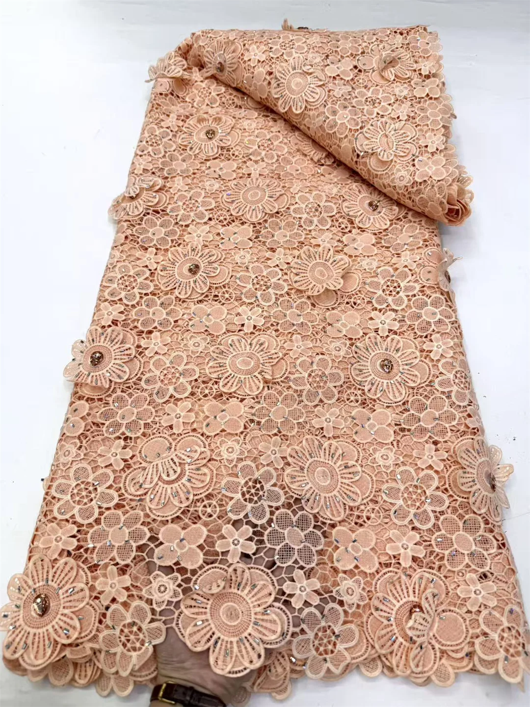 

African Colorful Diamond Guipure Cord Hollow Out Lace Fabric Blue Water Soluble Lace Gem Fabric Nigerian Mesh For Woman Dresses