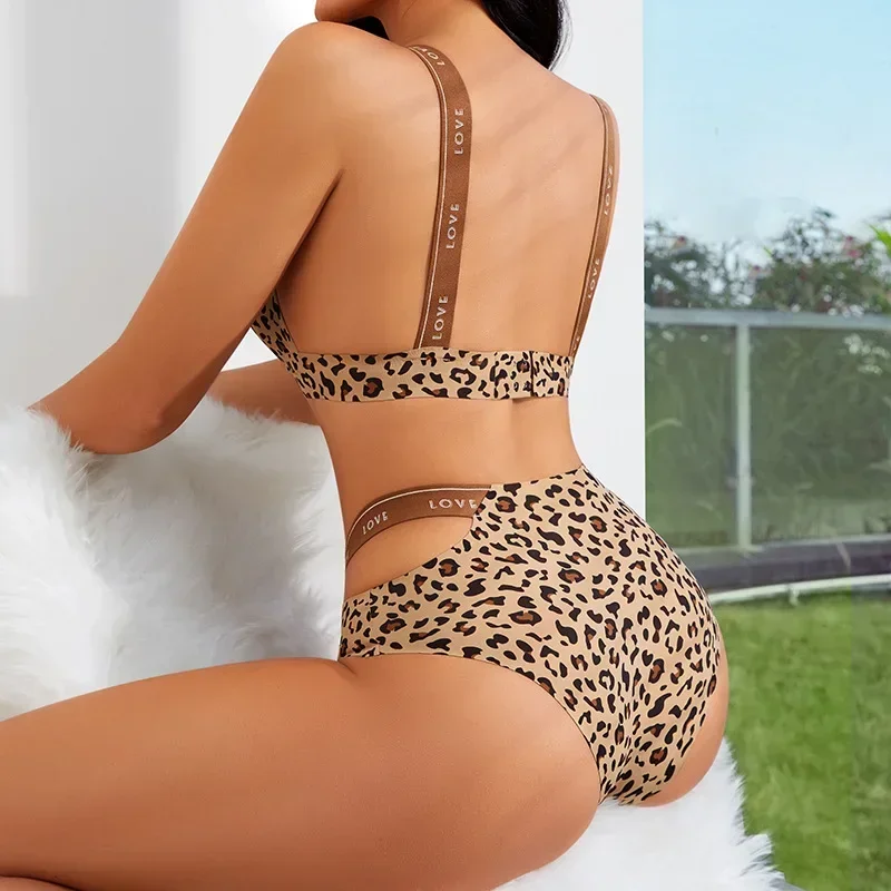 Seamless Sexy Leopard Bras Set for Women Push Up Bras Hollow Out High Elastic Waist Briefs Female Breathable Soft Underwear S-XL