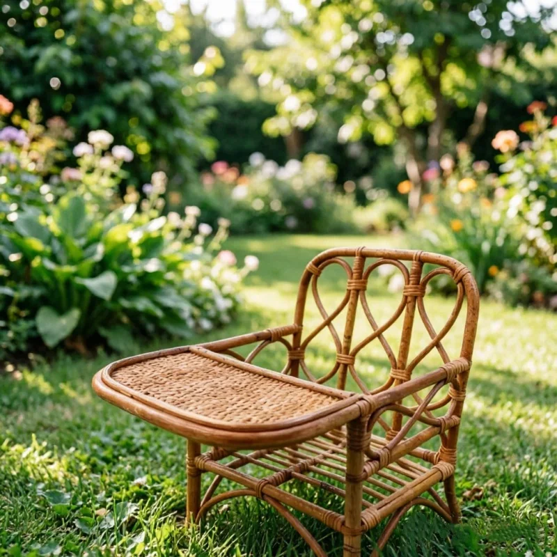 Vintage Rattan Chair Built In Side Table Handcrafted Posing Furniture Studio Portrait Shooting Scene Photography Decor Prop