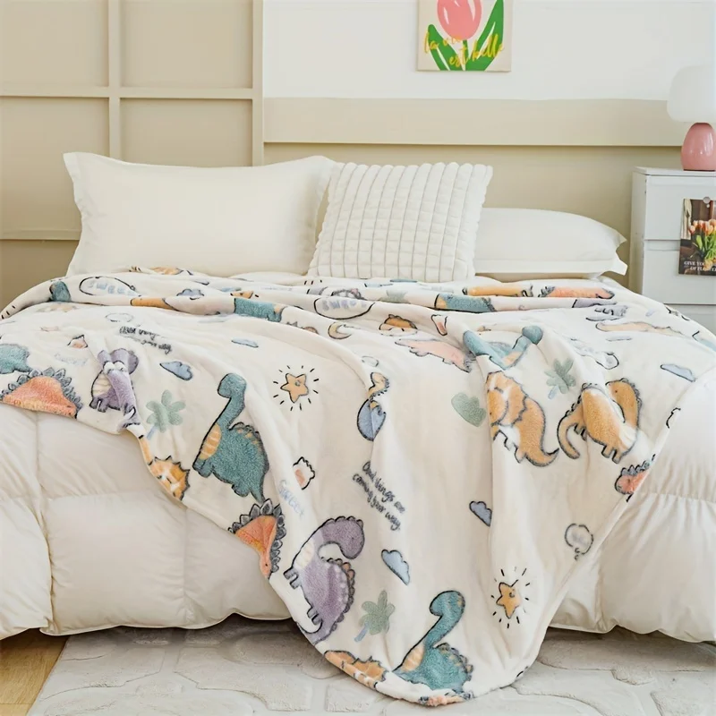 Cartoon Colorful Dinosaur Cloud Star Cream Base Flannel Throw Blanket, Cute Jurassic Dino Kids Soft Blanket for Bedroom Decor