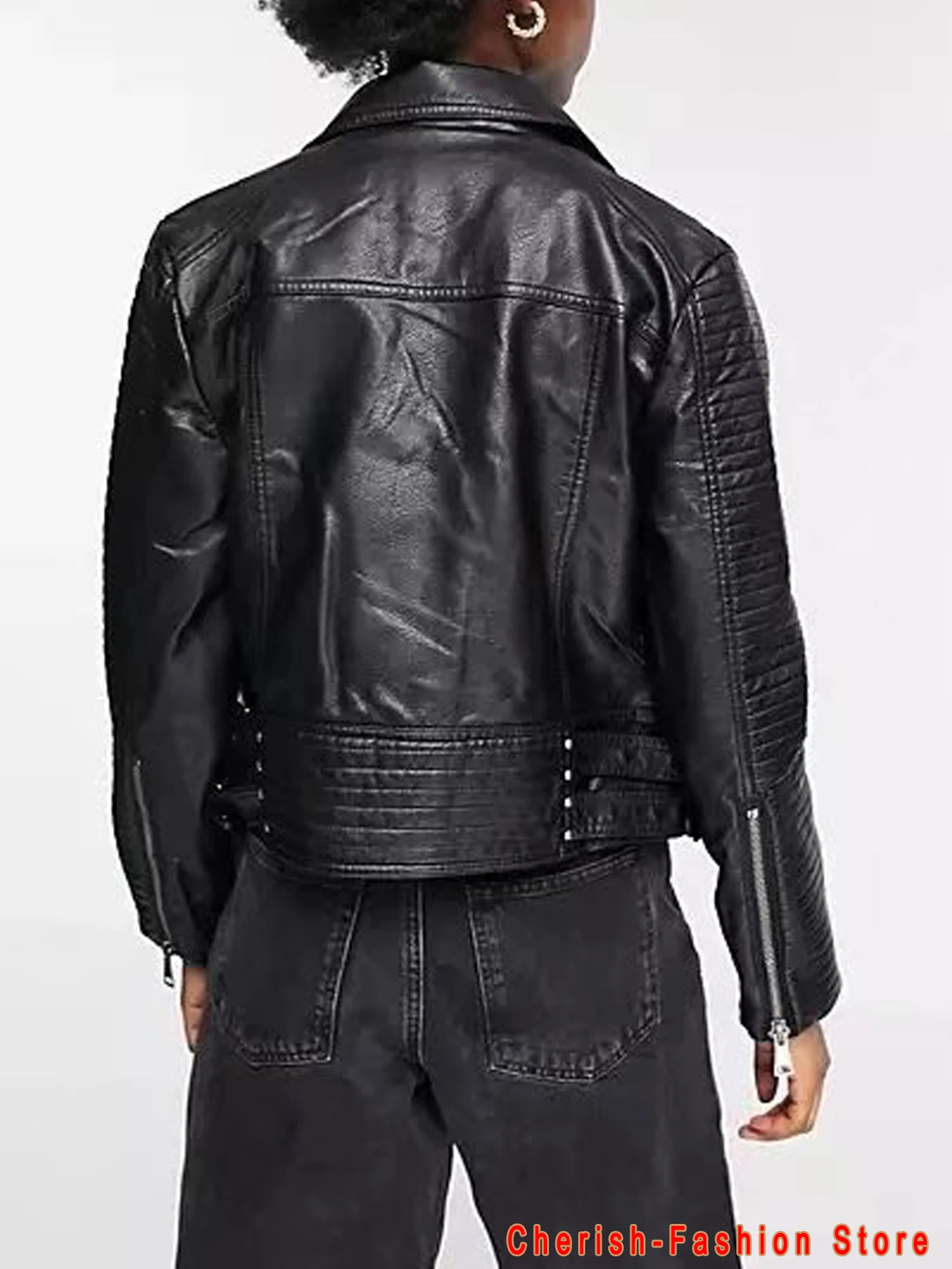 Damen Leder Jacken 2022 Neue Schwarze Dünne Moto Biker Jacke Frauen Lange Sleeved Zipper Frühling Herbst Oberbekleidung Leder Mäntel