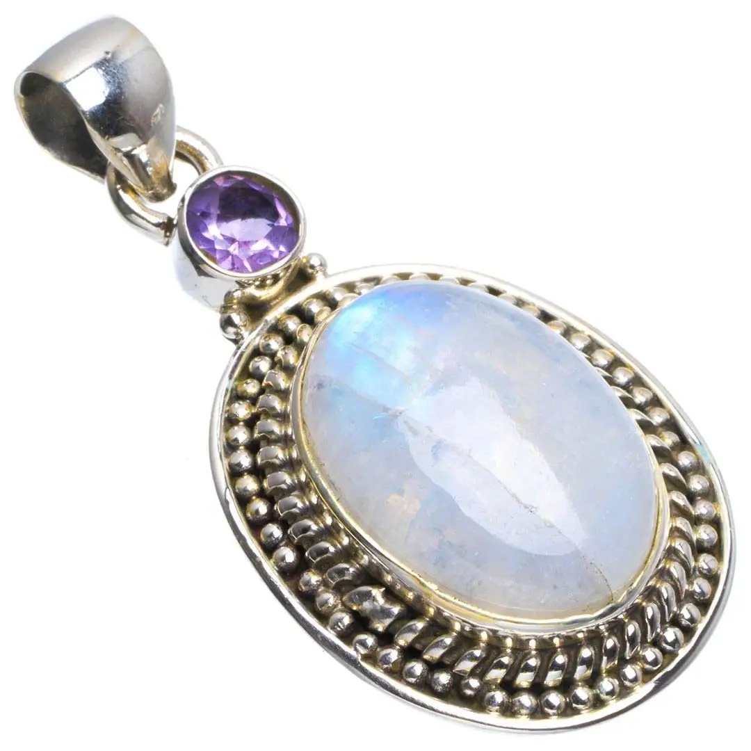 

StarGems® Natural Rainbow Moonstone and Amethyst Handmade Unique 925 Sterling Silver Pendant 1.5" B4048