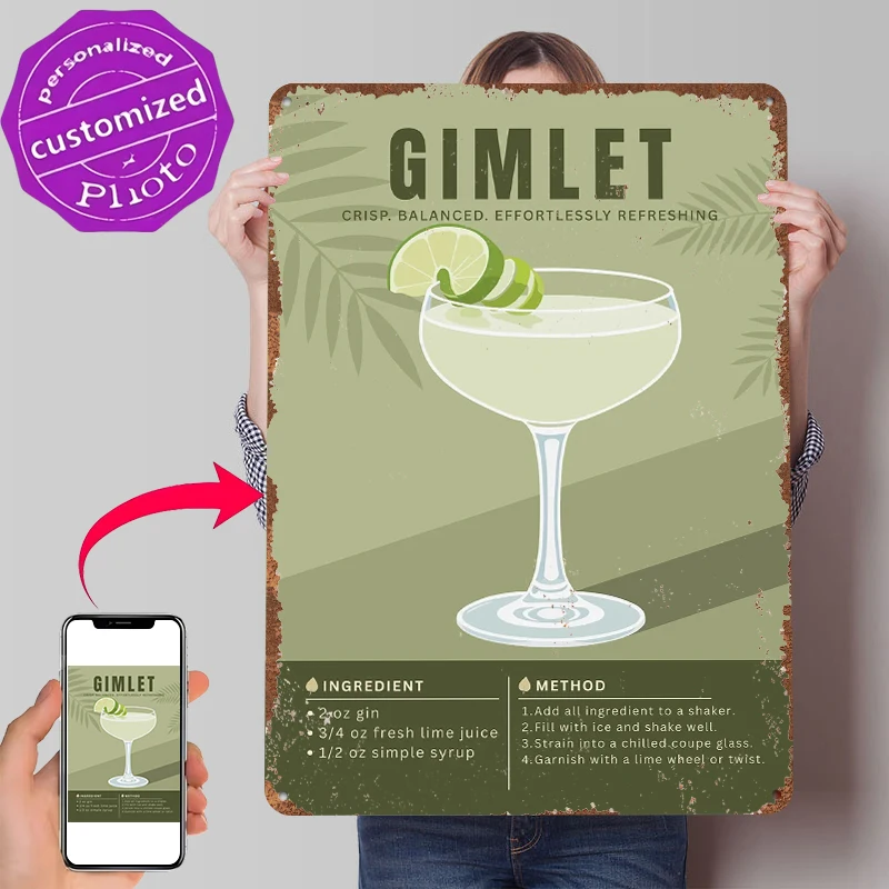 Gimlet Cocktail – Póster minimalista de ginebra y lima en lata, arte de pared, letreros metálicos retro vintage para decoración de fanáticos de los videojuegos, hogar
