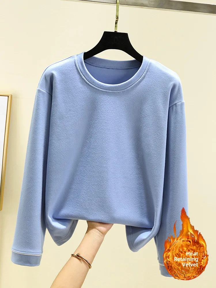 Thickened Winter Long Sleeve Fleece Lined Casual round Neck T-Shirt Women's Self Heating Base Shirt plus Size Slimming Top