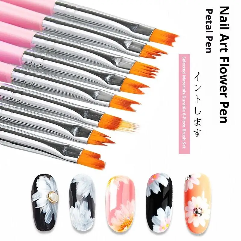 

8Pcs Set Oblique Gradient Smudge Nail Flower Drawing Sawtooth Pen Multifunctional Mix Shape Petal Painting Gel Nail Art Brush