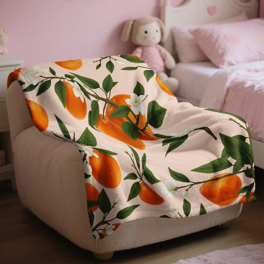 Vibrant Orange Citrus Fruit and White Blossom Pattern Throw Blanket Cozy Home Decor Gift for Couch