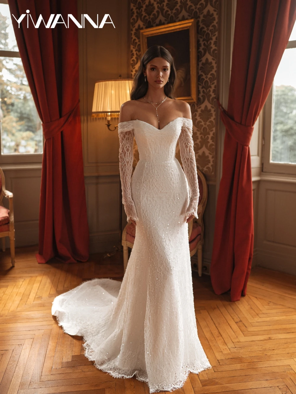 

Exquisite Pearls Lace Mermaid Wedding Dress Off Shoulder Long Sleeve Bridal Gown Customized Elegant Backless Dresses For Bride