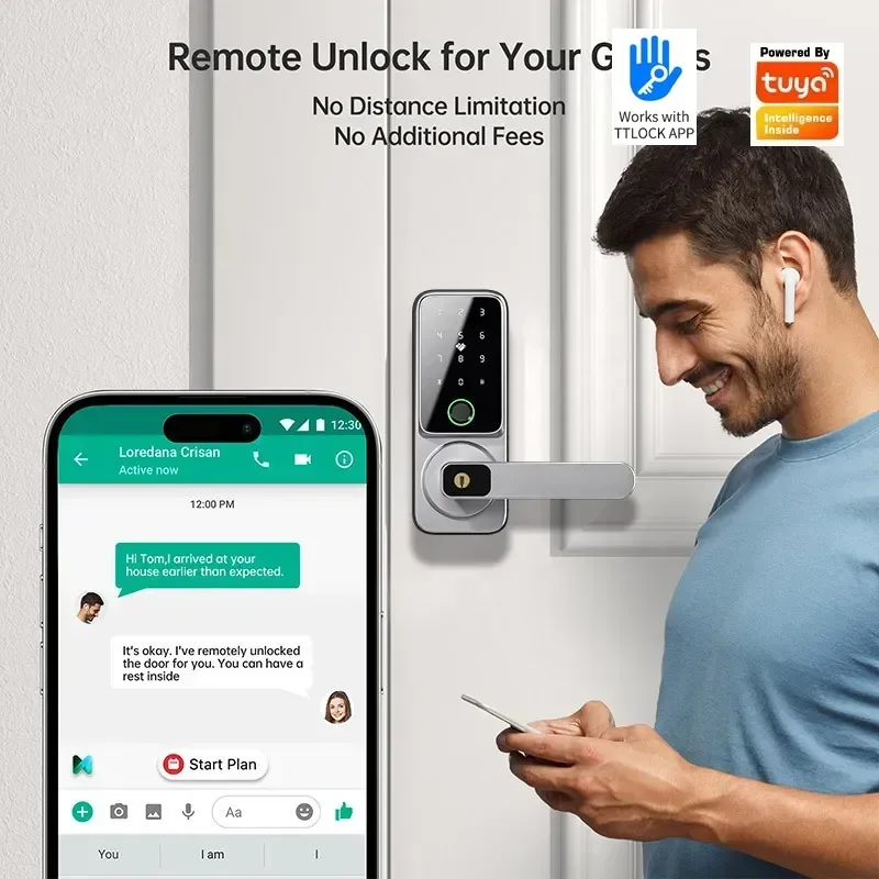 TTLock Bluetooth Deadbolt Lock Fingerprint Password Card Key Smart Lock for Office Rental RoomTuya Wood Finish