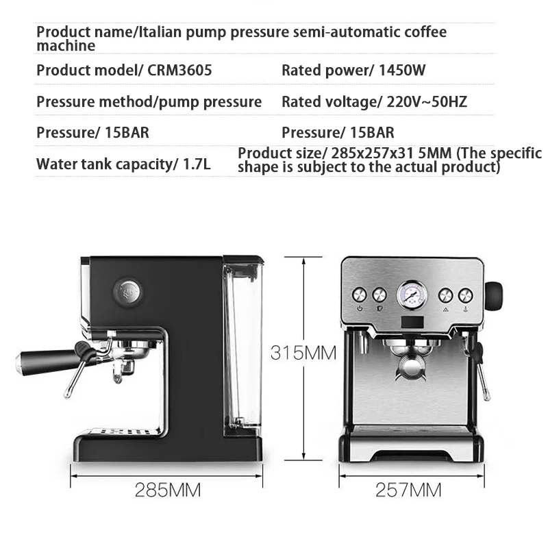 Máquina de café Espresso con bomba semiautomática para el hogar, cafetera italiana tipo capuchino con burbujas de leche, 15bar, CRM3605