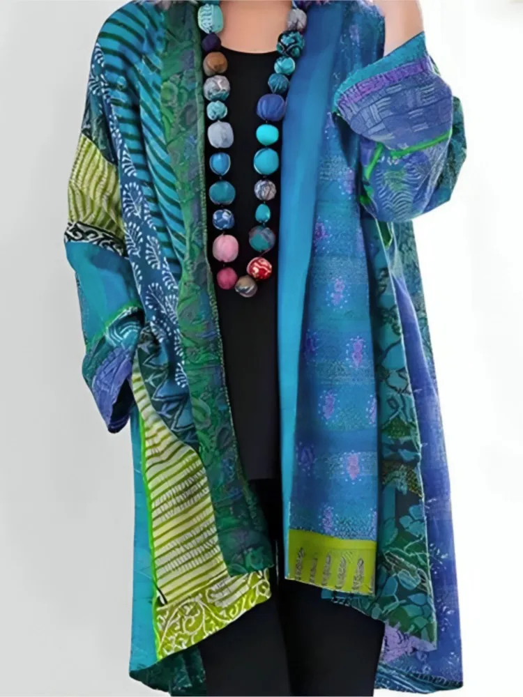 New Vintage Loose Ethnic Style Print Cardigan Coats Autumn Winter Casual Retro Women's Long Sleeve Windbreaker Jacket Streetwear