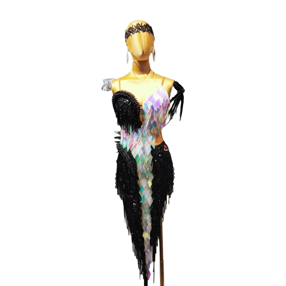 

Latin Dancer Adult Children High-End Custom Sequin Feather Jumpsuit Long Tango Samba AB Stone Performance Dress