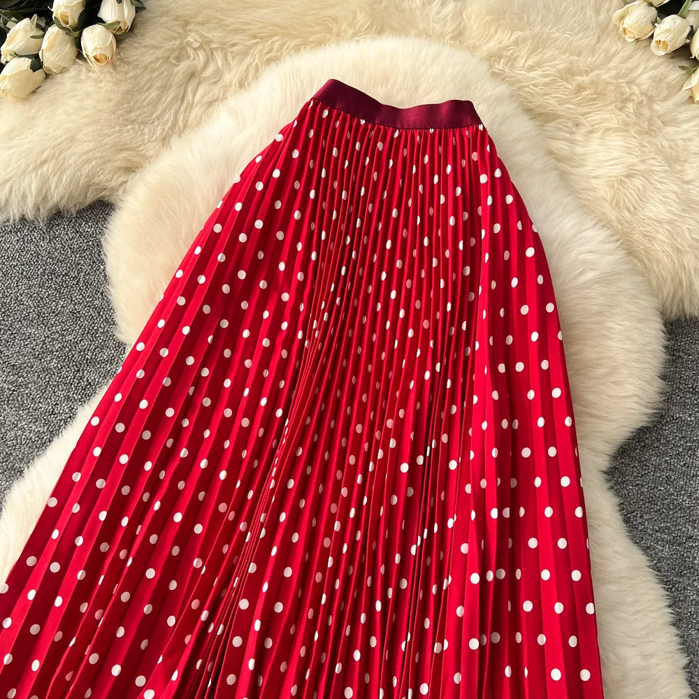 Korean Style Polka Dot Print Pleated A-line Long Skirts Women 2026 Spring Summer High Waist Casual Skirt