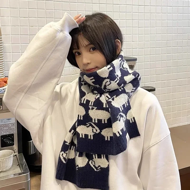 2023 Winter New Japanese Cute Lamb Woolen Women's Scarf Thickened Double sided Knitted Versatile Warm Scarf Skincare Wrap Shawl