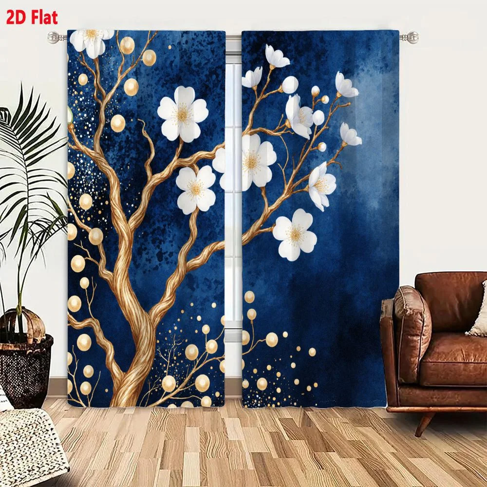 2Pcs Curtains 2D Flat Stylized Tree With Golden Twisting Branches White Flowers And Golden Spherical Elements On Deep Blue Textu