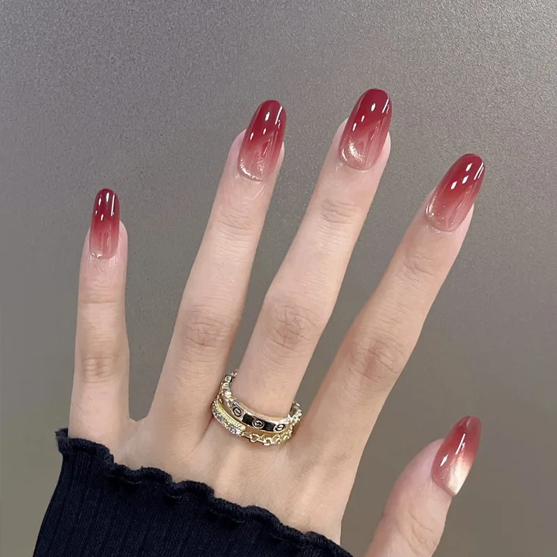 24pcs Wine Red Oval Press on Nails Sets Sweet Gradient Cat's Eye Full Cover Almond Fake Nails Tips Simple Wearable False Nail