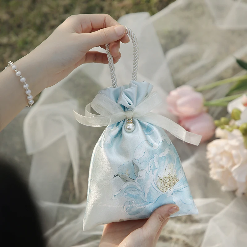 Handheld Candy Bag with Pearl Pendant Flower Drawstring box Satin Bow Large Capacity Festive Sugar Bag Bucket Bag Storage box