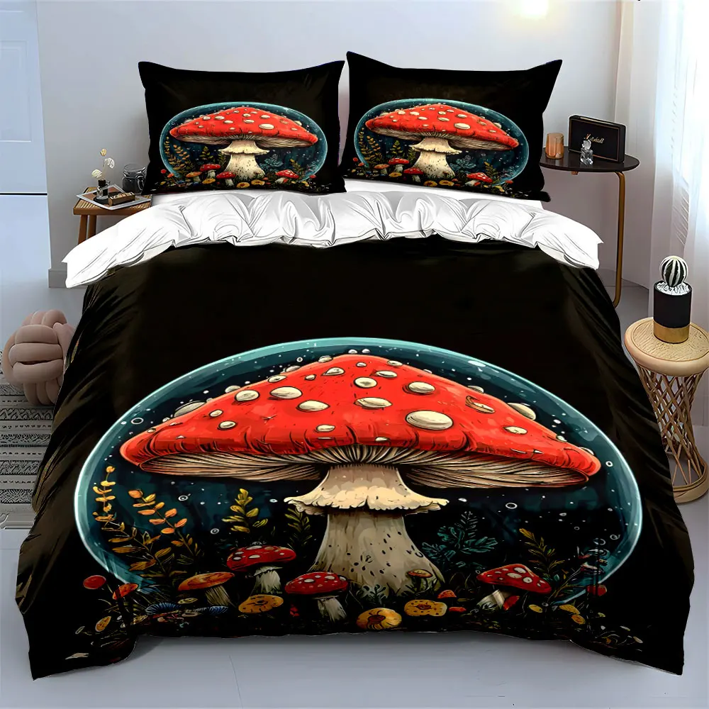 Giant red mushroom with tiny plants Print Bedding Set 1 Duvet Cover 2 Pillowcases for Adult and Children Luxury Gift Full Size