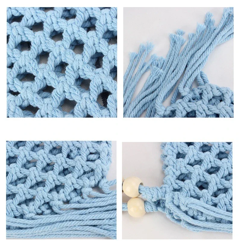 Boho Häkel-Handtasche mit Aushöhlungen und Quasten, Holzperlen-Griff, Gewebte Strandtasche, Sommer-Urlaub Strohtasche, Damen Casual Schultertasche – Detail 5