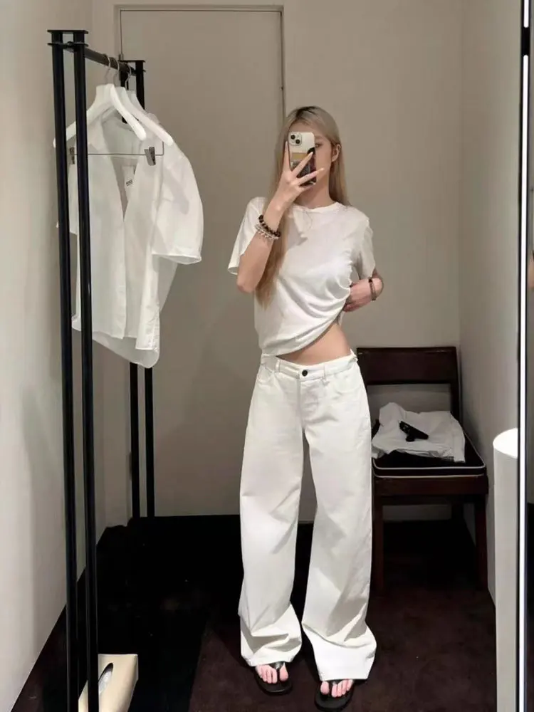 

High Waist Straight Leg PU Leather Pants Women's Loose Fit Casual Trousers Minimalist Style Fashionable White Texture
